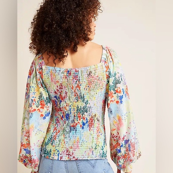 ANTHROPOLOGIE | ROUEN SMOCKED MULTI COLOR FLORAL LONG SLEEVE BLOUSE SIZE LARGE - Picture 3 of 10